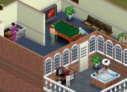 screenshot of "The Sims" game with a view of several rooms in a house depicting pool table, a kitchen, and a hot tub outdoor space