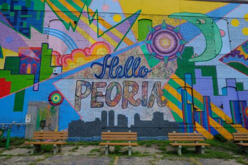 Hello Peoria mural on outside wall of building