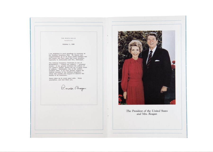 A message from President Ronald Reagan pictured with the first lady in the 1986 NSO Ball program.