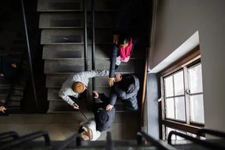 Papalia, faculty, and students from above on staircase