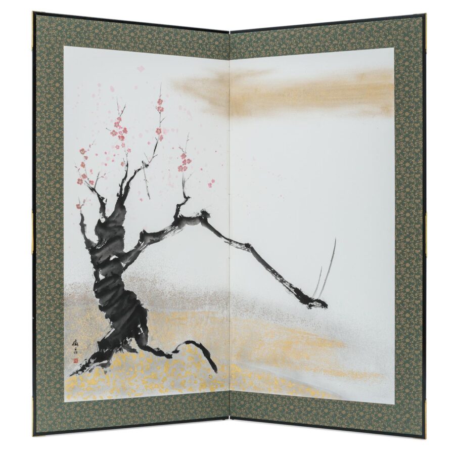 4 Shozo Sato, Weeping Plum, 1990s. Two-panel folding screen; sumi ink and 25k gold on paper.