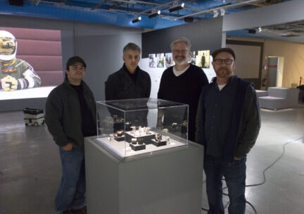 MoonArk team at the installation at Centre Pompidou, from left to right –Matt Zywica, Mark Baskinger, Mark Rooker, and Dylan Vitone.