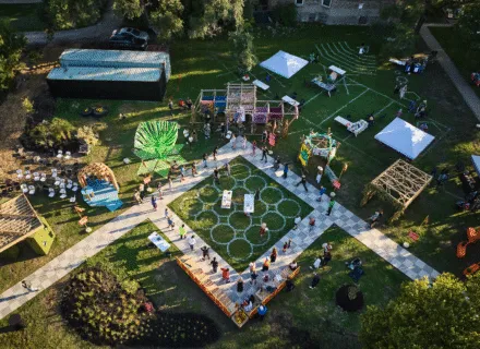 Aerial view of the 2023 Sukkah Design Festival