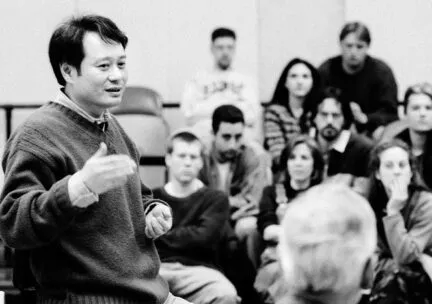 ang lee addresses a crowd at krannert center