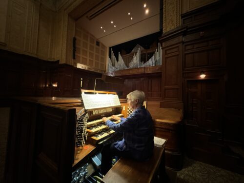 Linda Roaks (BME ‘ 70) playing the main organ in Smith Memorial Hall