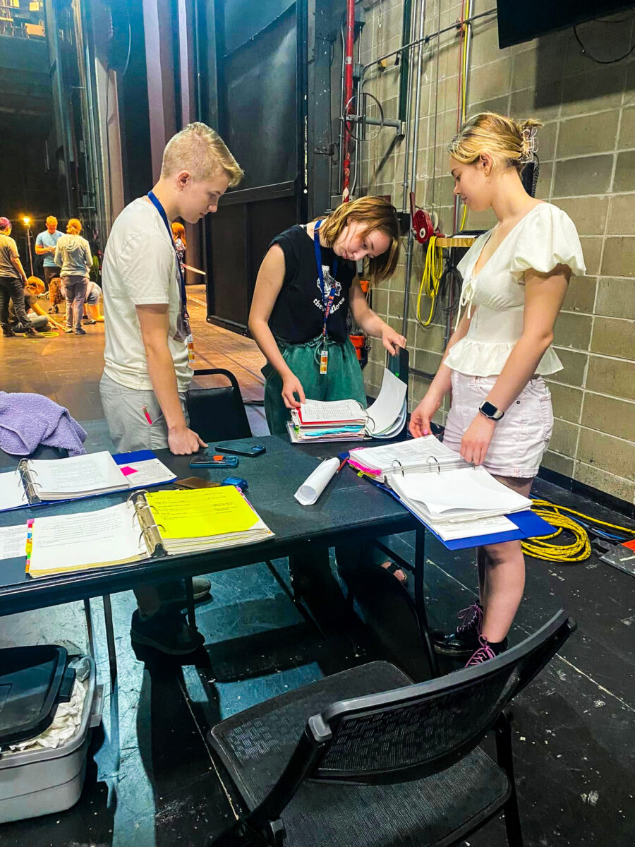 people working in a theatre workshop