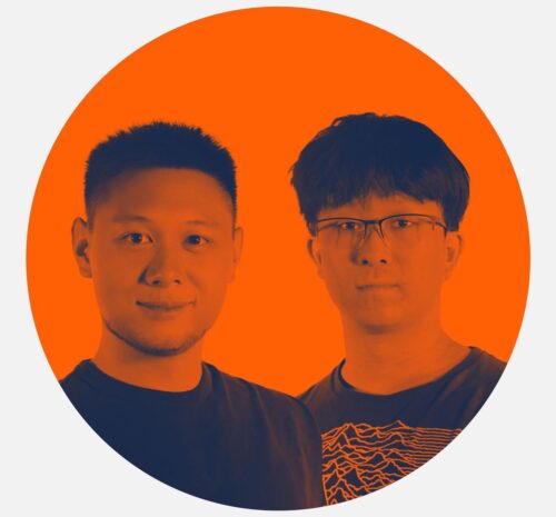 headshots of two people with orange overlay