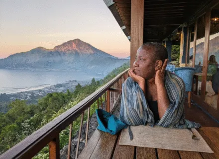 Latrelle Bright looking out at mountain landscape